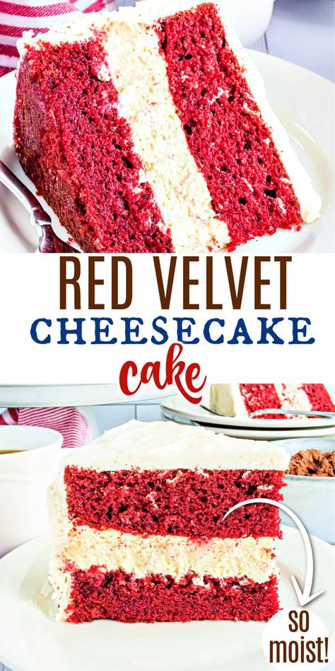 The BEST Red Velvet Cheesecake Cake recipe starts with two layers of homemade red velvet cake with a layer of cheesecake in the middle. Topped with delicious cream cheese frosting and white chocolate curls, you'll want to make this cake for friends and family every holiday! Usa Dessert, White Chocolate Curls, Cheesecake Cakes, Muffin Ideas, Homemade Red Velvet Cake, Velvet Desserts, Red Velvet Cheesecake Cake, Cheesecake Cake Recipes, Frozen Cheesecake