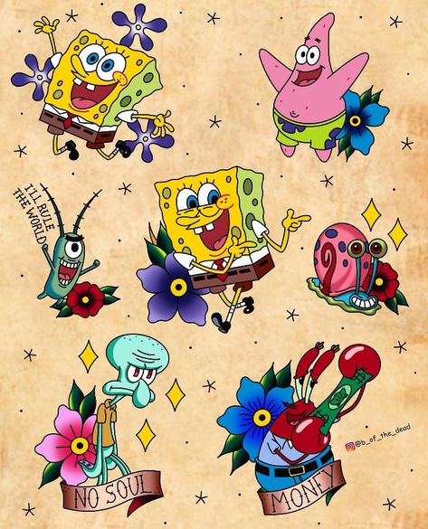 Spongebob Spongebob Tattoo Flash Sheet, Spongebob Character Tattoos, Cool Spongebob Tattoo, Spongebob Tattoo Flash, Spongebob Tattoo Stencil, Traditional Spongebob Tattoo, Spongebob Squarepants Tattoo, Gary Spongebob Tattoo, Sponge Bob Tattoo