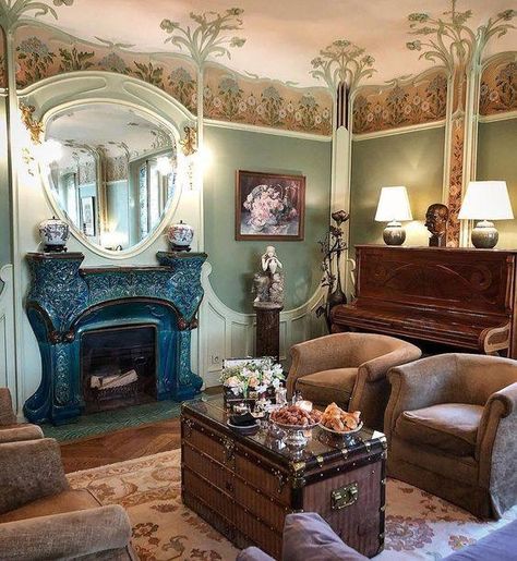 1920s Living Room, Art Nouveau Living Room, Art Nouveau House, Art Nouveau Interior, Visual Gallery, Art Deco Living Room, Art Nouveau Furniture, House Redesign, Art Nouveau Decor