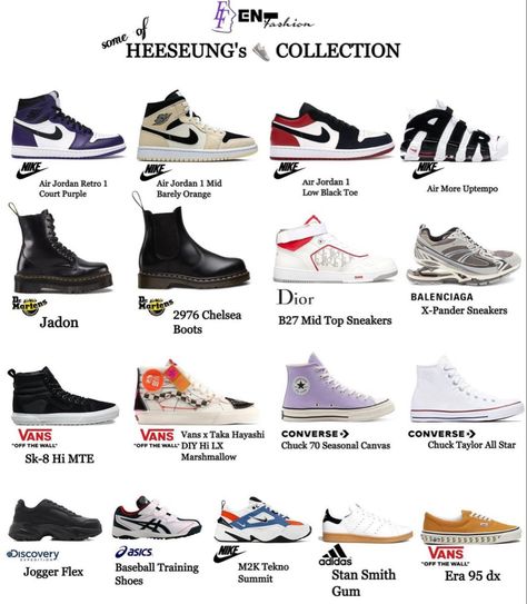 Nike Shoe Collection Aesthetic, Enhypen Shoes Collection, Heeseung Style Outfit, Nike Shoes Names, Nike Outfits Enhypen, Heeseung Outfit Inspired, Enhypen Shoes, Heeseung Style, Heeseung Fashion