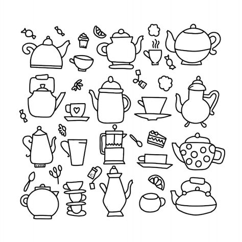 Tea Kettle Drawing, Kettle Tattoo, Tea Sketch, Tea Pot Illustration, Tea Journal, Coffee Doodle, Cute Tea Cups, Easy Teas, Vector Doodle