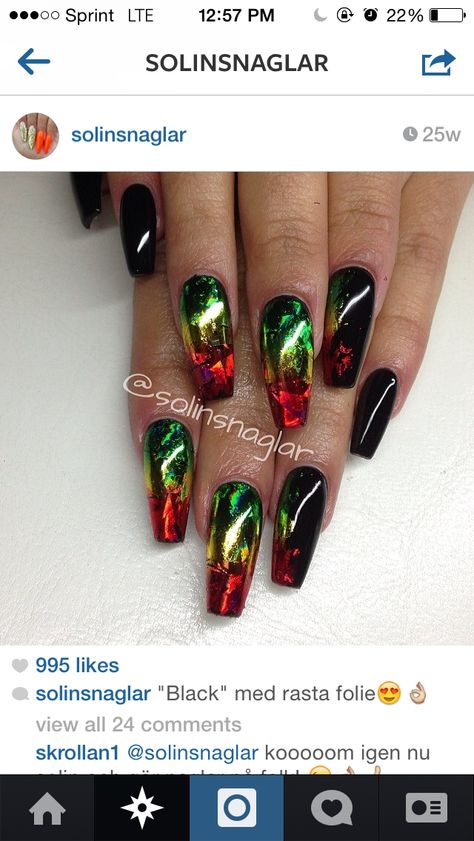 Jamaica Nail Designs Art Ideas, Rasta Nails Design, Jamaica Nail Designs, Jamaican Nail Designs, Reggae Nails, Juneteenth Nails, Jamaica Nails, Rasta Nails, Fingernails Painted