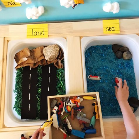 Land Activities For Preschool, Transportation Sensory Table, Sea Transportation Preschool Activities, Transport Messy Play, Land Water Air Transportation Activities, Transport Sorting Activities, Land Air And Sea Transportation Activities, Sensory Bin Play, Transportation Preschool Activities