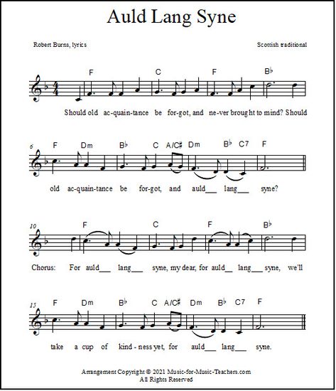 Auld Lang Syne sheet music, a lead sheet in F. At Music-for-Music-Teachers.com Auld Lang Syne Sheet Music, Silent Night Sheet Music, Nutcracker Music, Eve Songs, New Years Song, All Instruments, Sight Reading, Acoustic Guitar Lessons, Download Sheet Music