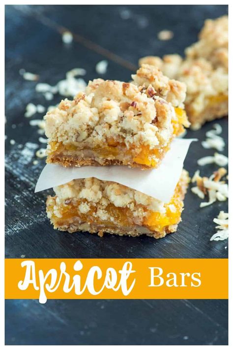 You don’t have to wait for apricot season to enjoy sweet apricots.  Apricot Bars with dried apricots are covered in a mouthwatering buttery shortbread crust of coconut and pecans. #driedapricots #shortbread #fruitbar #butterandbaggage Apricot Bars Recipe, Summer Dessert Table, Apricot Bars, Apricot Recipes, Dum Dums, Buttery Shortbread, Shortbread Bars, Shortbread Crust, British Baking