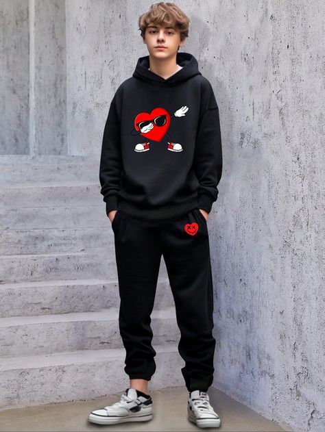 Black Casual Collar     Embellished Slight Stretch All Teen Boys Clothing Guy Outfits Casual Street Styles, Teen Boy Outfits Casual, Teen Guy Outfits, Teenager Outfits Boys, Son Clothes, Teen Fashion Trends, Hoodie And Joggers, Fashion Reference