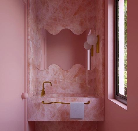 Hello pink - bathroom heaven. 💕 #designhunger #bathroominspiration #bathroomdesign #pinkbathroom #pinkinterior | Instagram Pink Powder Bathroom, Pink Quartz Bathroom, Bathroom Colourful, Pink Bathroom Vanity, Modern Pink Bathroom, Pink Powder Room, Pink Interiors, Estilo Kitsch, Organic Bathroom