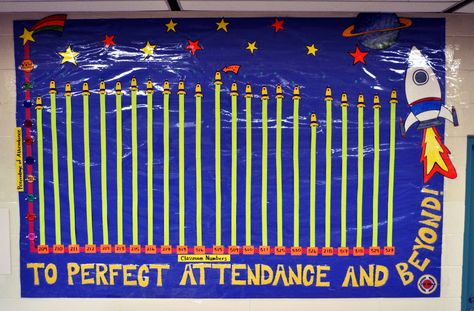 This school used bright colors and a rocket theme to attract students to their board. School Attendance Ideas, Perfect Attendance Bulletin Board, School Attendance Incentives, Attendance Bulletin Board, Attendance Display, Attendance Board Ideas, Attendance Matters, Attendance Ideas, Attendance Incentives