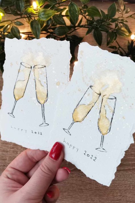 Champagne Watercolor, New Year Cards Handmade, New Year Champagne, New Year's Drawings, Free Printable Christmas Cards, Painted Christmas Cards, New Year Diy, Watercolor Calendar, New Year Cards