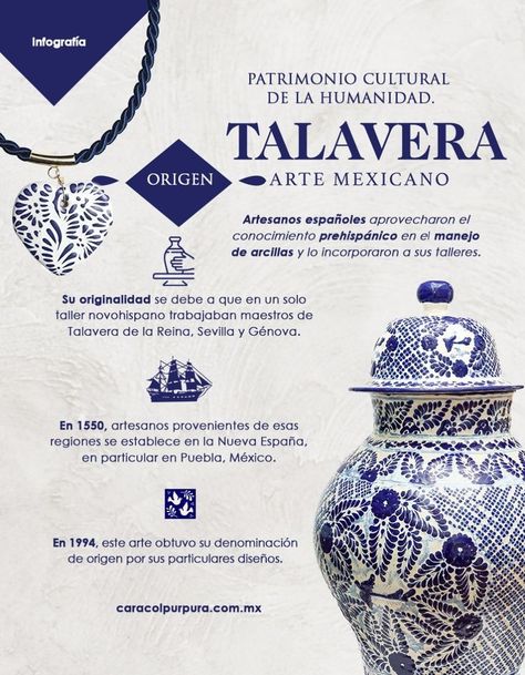 Conoce acerca de la historia y tradición de la #Talavera en México.

Cerámica que se elabora con barro y se decora con pigmentos minerales y da un magnífico acabado gracias a el horneado que se realiza a mil grados centígrados, con el fin de obtener el brillo natural de los minerales.

Déjate sorprender por toda la variedad de piezas que tenemos para ti en la galería Caracol Púrpura.

Checa nuestro catálogo en caracolpurpura.com.mx Talavera Art, Talavera Pattern, Mexican Talavera Pottery, Mexico Design, Mexico Food, Cerámica Ideas, Talavera Pottery, Spanish Style Homes, Mexican Talavera