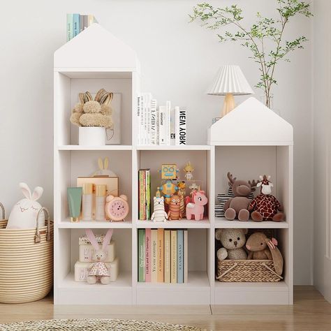 House Shaped Shelves, Book Shelves For Kids Room, Kids Toy Organization Living Room, Little People Toy Storage, Small Kids Room Organization, Toy Cabinet Storage, Kids Bookshelf Ideas, Stuffed Toy Storage, Kid Bookshelf