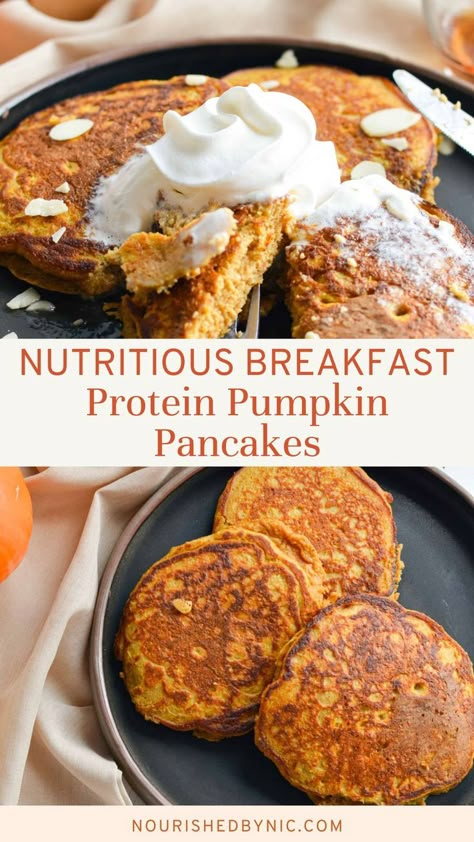 Protein Pumpkin Pancakes Gluten Free Protein Pancakes, Protein Powder Pancakes, Pumpkin Protein Pancakes, Pumpkin Pancake Recipe, Easy Protein, Gluten Free Protein, Pumpkin Pancakes, High Protein Breakfast, Nutritious Breakfast