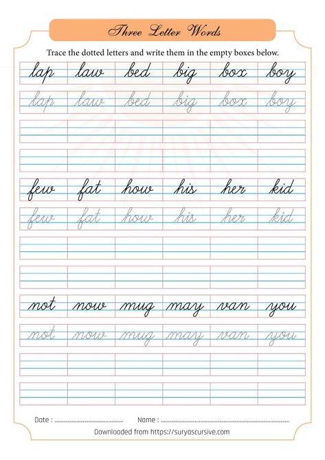 Surya's Cursive Writing Course - Practice Book 3 (isbn: 9788194151449 197 Cursive Writing For Kids, Words In Cursive, Cursive Writing Book, Cursive Practice Sheets, Cursive Letters Worksheet, English Comics, Cursive Writing Practice Sheets, Cursive Worksheets, Hand Lettering Practice Sheets