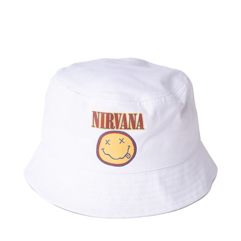 Celebrate the kings of grunge with the new Nirvana Bucket Hat! This retro-inspired bucket hat rocks durable canvas construction with Nirvana's iconic Smiley Face logo on the front. Available exclusively at Journeys! Bucket Hat White, Nirvana, Smiley Face, White Style, Retro Inspired, Hats For Women, Bucket Hat, Hats, ? Logo