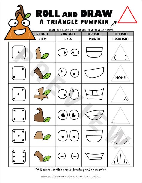 Pumpkin Dice Game, Roll And Draw, Pumpkin Shapes, September Holidays, Shapes Drawing, Drawing Activity, Learning Worksheets, Potato Head, Drawing Activities