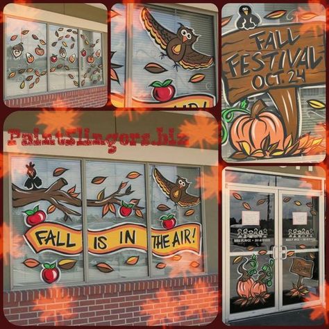 Window Drawing Ideas, Interactive Photography, Window Painting Ideas, Fall Window Painting, Fall Window Decorations, Autumn Window Display, Painting Portfolio, Painted Window Art, Window Paint