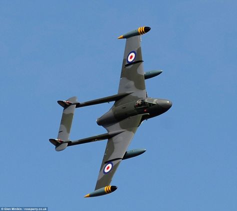 The de Havilland DH 112 Venom (pictured) was a British postwar single-engined jet aircraft developed from the de Havilland Vampire De Havilland Vampire, Gloster Meteor, Military Engineering, Aircraft Parts, British Aircraft, Air Plane, Jet Aircraft, Metal Birds, Aircraft Pictures