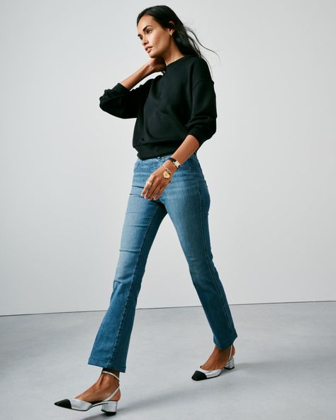 Crafted from premium, 4-way stretch denim designed to hug your curves, our jeans are engineered with built-in targeted SPANX TummyTamer Tech™ that shapes your waist. Plus, a kick flare style elongates the leg and celebrates your figure. All you have to do is pull these on: no zippers, no buttons, no hip pockets (so no bulk!). This is denim done right. | Spanx Women's SPANXshape EveryWear Kick Flare Jeans, Vintage Indigo Pull On Jeans For Women, Uniform Inspiration, Black Ankle Jeans, Most Flattering Jeans, Flare Jeans Vintage, Daily Uniform, Work Trip, Flattering Jeans, Kick Flare Jeans