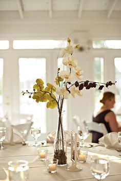 Orchid Centerpiece, Tall Floral Arrangements, Orchid Centerpieces, Simple Centerpieces, North Carolina Wedding, Yellow Wedding, Beautiful Mess, Diy Wedding Decorations, Floral Centerpieces