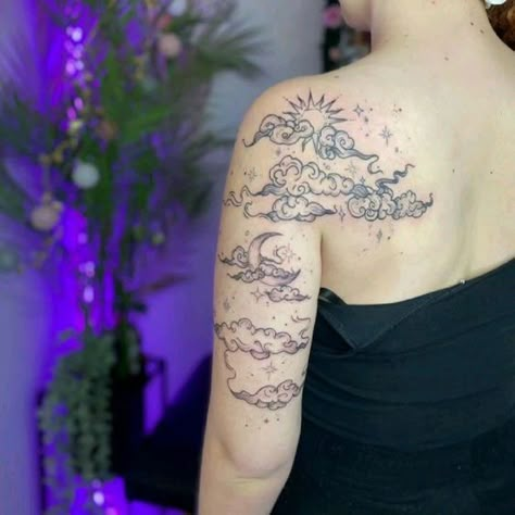 Suns And Moon Tattoo, Cloud Patchwork Tattoo, Whimsical Patchwork Sleeve Tattoo, Sun And Moon Clouds Tattoo, Moon And Sun Arm Tattoo, Sun And Moon With Clouds Tattoo, Clouds Back Tattoo, Sun Moon Clouds Tattoo, Celestial Leg Sleeve Tattoo