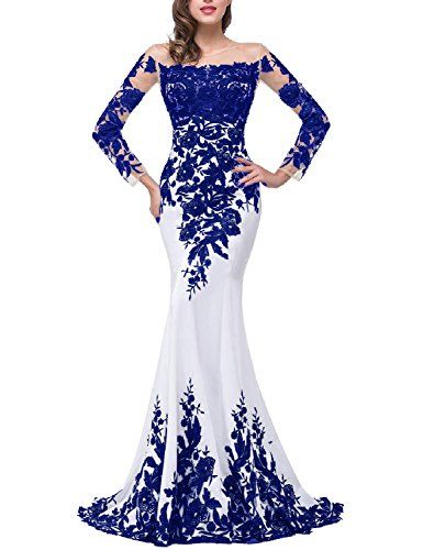 OYISHA #Women Appliqued Evening Dress Long Mermaid #Wedding Celebrity Gown EV122 White & Royal Blue 14 Sendoff Dress, Mermaid Lace Dress, Black And White Evening Dresses, Black Lace Evening Gown, Wedding Celebrity, Evening Dresses Uk, Cheap Gowns, Evening Dress Long, Mermaid Prom Dresses Lace