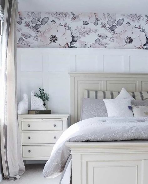 Board And Batten With Wallpaper Bedroom, Batten Bedroom Wall, Bedroom Wall Ideas, Wall Quotes Bedroom, Chrissy Marie, Board Batten, Board And Batten Wall, Bedroom Wallpaper, Bedroom Accent