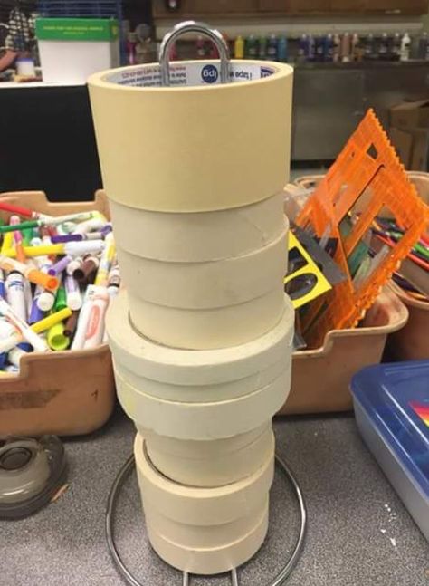 Organizing Tape Rolls, Maker Space Storage, Art Room Storage Ideas School, Art Classroom Storage Ideas, Art Class Storage, Art Classroom Hacks, Elementary Art Classroom Setup, Paper Storage Classroom, Makerspace Storage