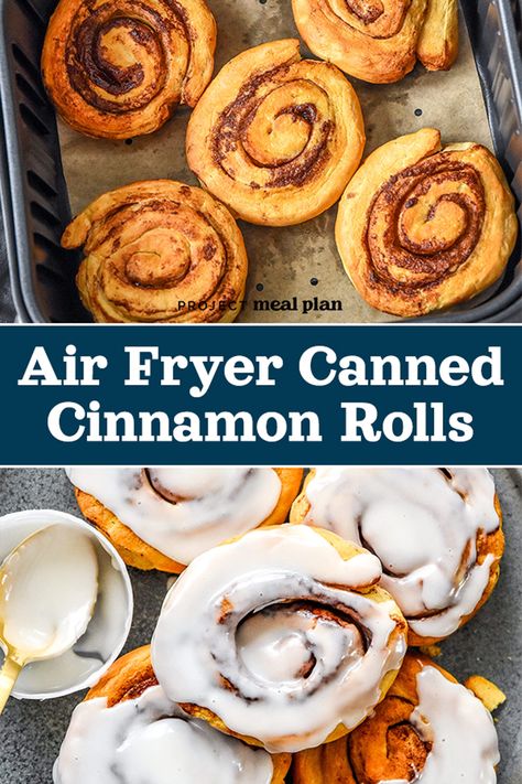 Skip the oven - make warm and fluffy Air Fryer Canned Cinnamon Rolls in just 15 minutes! With just a can of refrigerated Pillsbury Grands, this beginner friendly air fryer recipe is a tasty addition to brunch, dessert, or sweet snack! ProjectMealPlan.com Pillsbury Cinnamon Roll Recipes, Air Fryer Cinnamon Rolls, Canned Cinnamon Rolls, Cinnamon Rolls From Scratch, Air Fryer Recipes Dessert, Pillsbury Cinnamon Rolls, Small Air Fryer, Cinnabon Cinnamon Rolls, Air Fryer Oven Recipes