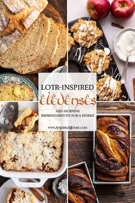 Hobbit elevenses (or morning tea) pairs a tasty baked good recipe with a cuppa for relaxing mid-morning snack. The perfect blend of fall vibes and cozy cottagecore aesthetic all wrapped up in a Tolkein-inspired hobbit meal. 🥰 Hobbit Breakfast Recipes, Vegan Hobbit Recipes, Lotr Charcuterie Board, Elevenses Food, Hobbit Bread, The Hobbit Recipes, Hobbit Meals Recipes, Hobbit Feast Food Ideas, Hobbit Food Ideas