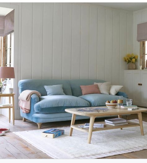 Duck Egg Blue Sofa, Pale Blue Sofa, Farrow And Ball Wevet, Blue Sofa Living Room Ideas, Blue Sofa Living Room, Coffee Table Low, Blue Sofa Living, Rattan Shelf, Sofa Living Room Ideas