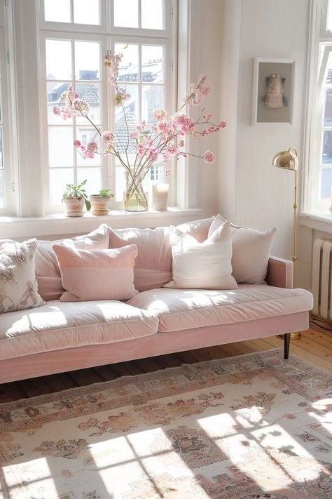 White And Light Pink Living Room, White Couch Pink Rug, Velvet Couch Living Room Ideas, Pink Couch Living Room, Velvet Couch Living Room, Couch Living Room Ideas, Pink Couch, Couch Living Room, White Couches