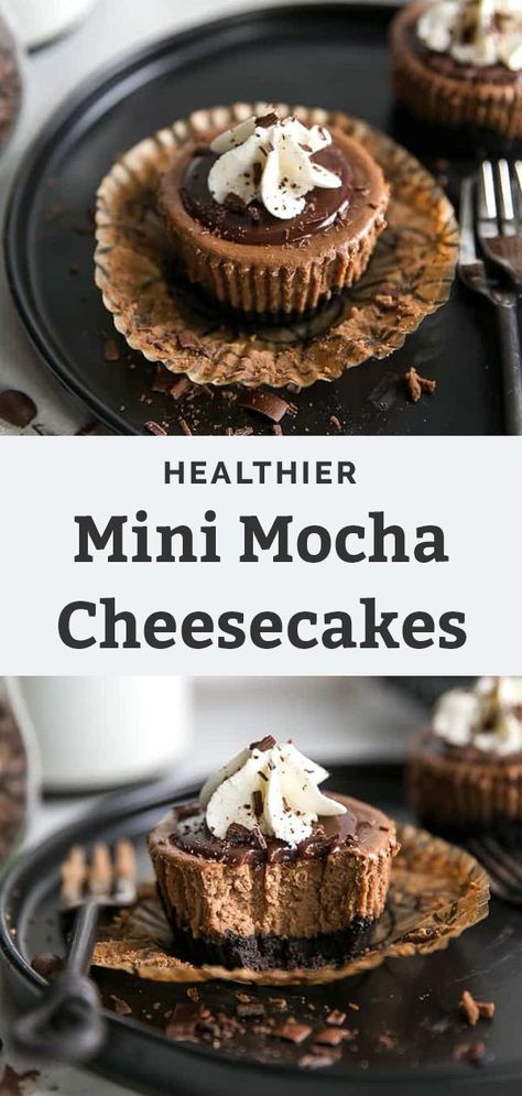 Get your chocolate and coffee fix with these Mocha Mini Cheesecakes made so easy! This delicious layered recipe is made with Greek yogurt, less sugar and an Oreo cookie crust. They are creamy and rich with a decadent chocolate ganache topping. Gluten-free and grain-free friendly! These are the perfect dessert for holidays, like Valentine’s Day and Christmas or any day to enjoy a wonderful chocolatey sweet treat! #chocolate #mocha #coffee #cheesecake #glutenfree Mocha Desserts, Cheesecake Healthy, Cookies Cheesecake, Chocolate Ganache Topping, Mocha Cheesecake, Fit Mitten Kitchen, Individual Cheesecakes, Grain Free Cookies, Mocha Recipe