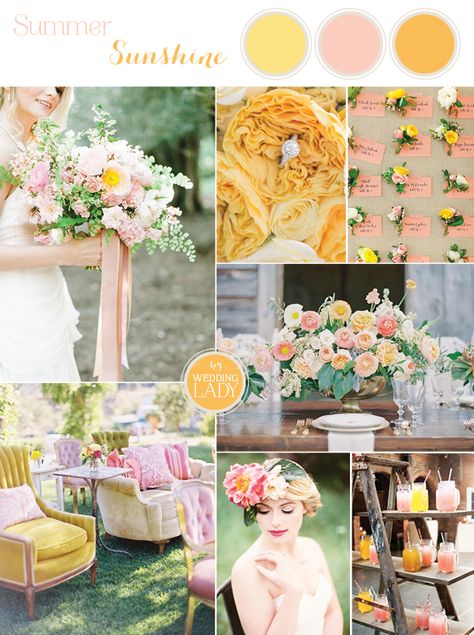 Summer Sunshine and Citrus Wedding Inspiration in Pink and Yellow Vintage Wedding Colors, Wedding Color Combinations, How To Dress For A Wedding, Citrus Wedding, Summer Wedding Decorations, Wedding Flowers Summer, Summer Wedding Colors, Wedding Palette, Wedding Color Palette