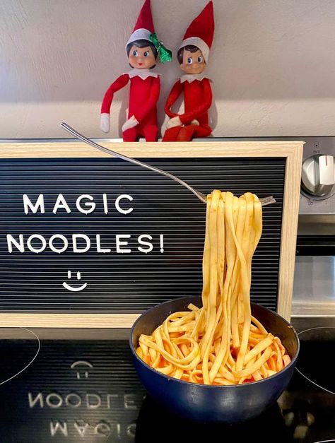 Floating Spaghetti Elf, Magic Noodles, Elf Magic, Awesome Elf On The Shelf Ideas, Elf On Shelf, Elf On A Shelf, Elf On The Shelf Ideas, Shelf Ideas, On The Shelf