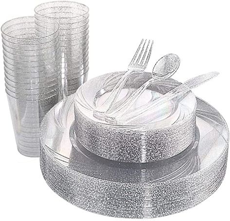 WDF 150pcs Silver Plastic Plates with Disposable Plastic Silverware&Silver Cups- Silver Glitter Design include 25 Dinner Plates,25 Salad Plates,25 Forks, 25 Knives, 25 Spoons& 10oz Plastic Cups Winter Wonderland Party Decorations, Crowd Food, Clear Plastic Plates, Wonderland Party Decorations, Purple Plates, Plastic Dinnerware Sets, Backyard Weddings, Disposable Cutlery, Plastic Silverware