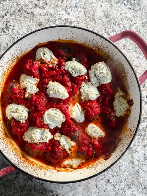 Ricotta Meatball Bake Meatballs Ricotta, Meatball Pasta Bake, Baked Italian Meatballs, Ricotta Meatballs, Meatball Bake, Homemade Meatballs, Baking Blog, Weeknight Dinner Recipe, Eat Real Food