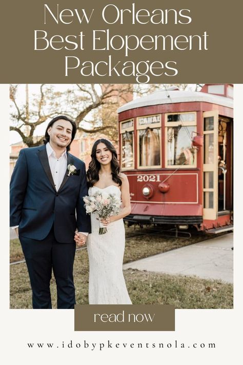 Newlyweds pose next to a historic New Orleans Streetcar Wedding Elopement Ideas, Wedding New Orleans, New Orleans Elopement, Nola Wedding, The Big Easy, Smallest Wedding Venue, Elopement Packages, Destination Ideas, New Orleans Wedding