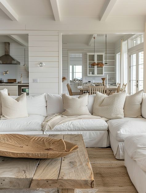 Beach House Family Room Ideas, Beach Front Interior Design, Light Wood House Decor, Beach Farmhouse Aesthetic, Modern Ranch Home Interior, Beachy Organic Modern, Scandi Beach House Interior Design, Beach House Studio, Shore House Living Room