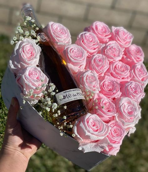 Primrose Bouquets on Instagram: “✨White Marble Heart Box✨ Filled with pink roses & a bottle of Cote des Roses Wine. 💖 DM to Order! LIMITED QUANTITIES!” Wine Bottle Bouquet, Wine Gift Box Ideas, Birthday Package, Package Ideas, Birthday Packages, Wine Gift Boxes, Bouquet Gift, Flowers Bouquet Gift, Des Roses