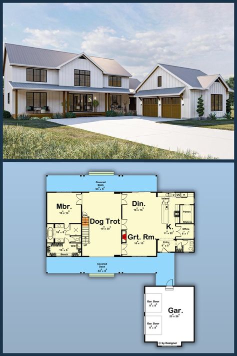 Your Nifty Home - 3,379 Sq Ft 2-Story, 5-Bedroom Modern Farmhouse Plan. See floor plan --> https://buff.ly/46Qmf0L | Facebook 6 Bedroom House Plans 2 Story Farmhouse, Rectangle House Plans Two Story, 5 Bedroom Barndominium 2 Story, 5bedroom House Plans 2 Story Simple, 5 Bedroom House Floor Plan 2 Story Master On Main, Pole Barn House Plans, Barndominium Floor Plans, Pole Barn Homes, In Law Suite