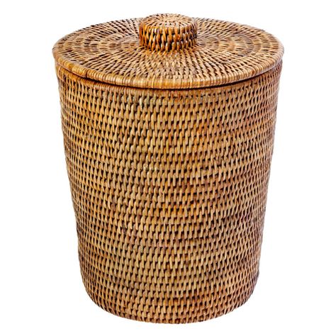 Kouboo LLC La Jolla Round Rattan Waste Basket with Lid and Plastic Insert Honey Brown Bathroom Waste Basket, Waste Baskets, Basket With Lid, Honey Brown, Trash Bag, Rattan Basket, Recycle Trash, Trash Bins, Wicker Basket