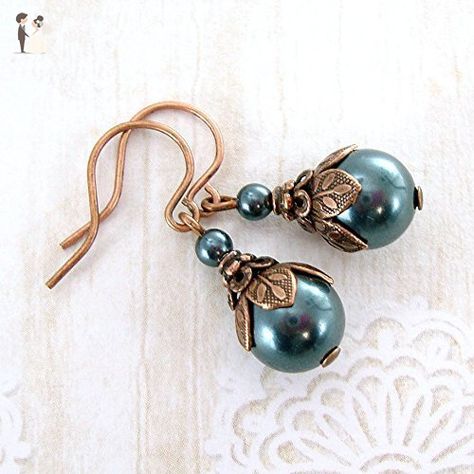 Antique Jewelry Victorian, Victorian Style Jewelry, Neo Victorian, Victorian Jewelry, Swarovski Pearls, Copper Earrings, Nature Jewelry, Silver Earrings Dangle, Bead Caps