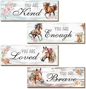 Thrist Cowgirl Horse Theme Wall Decor 4PCS Wooden Inspirational Cowgirl Theme Horse Wall Art Picture Painting Loved Brave Kind Enough Positive Quotes Wall Decor for Bathroom Bedroom Living Room Cow Living Room Ideas, Cowgirl Theme Bedrooms, Horse Bathroom Decor, Cowgirl Bedroom Ideas, Horse Bathroom, Girl Horse Room, Horse Girls Bedroom, Highland Cow Decor, Horse Room Decor