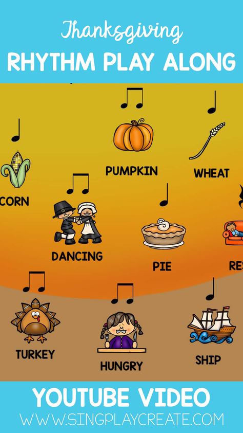 Thanksgiving Rhythm Play Along for Kindergarten Elementary Music WATCH NOW Thanksgiving Music Class Activities, Thanksgiving Music And Movement, Thanksgiving Music Class, Thanksgiving Elementary, Thanksgiving Music Lessons, Thanksgiving Music Activities, Thanksgiving Music, Elementary Music Activities, Orff Music