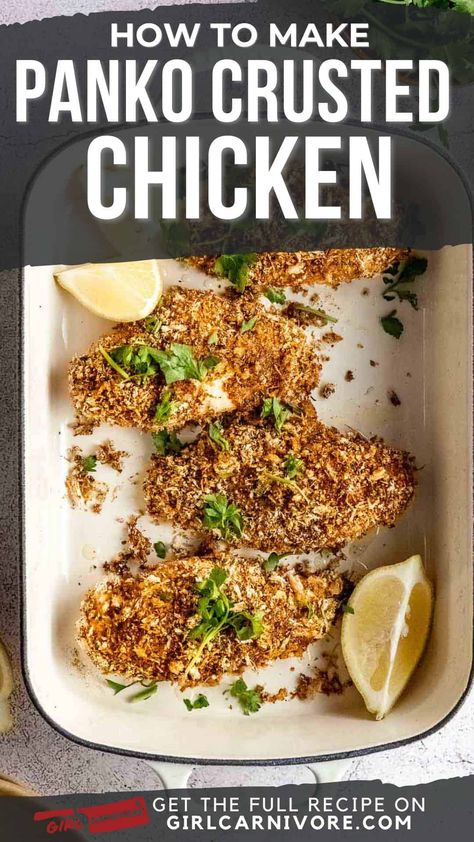 🍗 Ditch the fried chicken takeout and make your own crispy dreaminess at home with these crunchy panko chicken breasts ready in 30 minutes! We skip messy frying and instead bake juicy boneless chicken breasts breaded Japanese style with a little parmesan cheese after a dip in egg for maximum crunch-factor from the coarsely crumbled gluten free panko. A quick dusting of spices kicks the flavor up a serious notch. The result? ZERO grease and the crispiest, most robust chicken texture ever to grace weeknight dinner! Same flavor, half the effort thanks to a clever cooking hack. 😉 Panko Breaded Chicken, Panko Crusted Chicken, Chicken Thighs Dinner, Crusted Chicken Recipes, Panko Chicken, Gluten Free Panko, Chicken With Olives, Parmesan Crusted Chicken, Chicken Tender Recipes