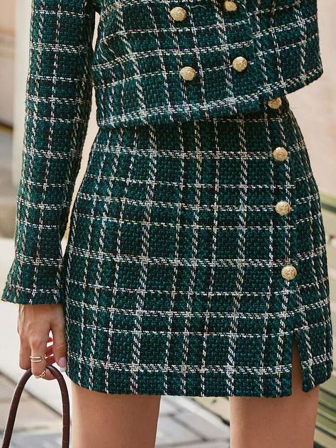 Free Returns ✓ Free Shipping On Orders $49+ ✓. Simplee Plaid Pattern Single Breasted Tweed Skirt- Women Skirts at SHEIN. Mini Skirt Fashion, Blazer And Skirt Set, Women Blazer, Gilet Long, Blazer And Skirt, Tweed Skirt, Plaid Mini Skirt, Plaid Fashion, Green Skirt