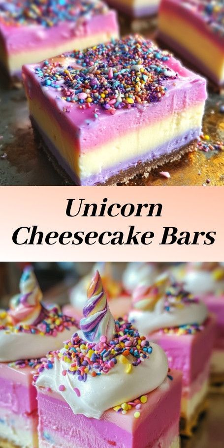 Unicorn Rainbow Cheesecake Bars Transform your party with these magical Unicorn Rainbow Cheesecake Bars! Perfect for adding a pop of color to any celebration, these bars are not only beautiful but also deliciously creamy and sweet. Let your creativity shine through with vibrant swirls and colorful sprinkles! Unicorn Cheesecake, Rainbow Cheesecake, Unicorn Desserts, Rainbow Treats, Magical Party, Cheesecake Bar Recipes, Creative Baking, Sweet Delights, Cheesecake Bars