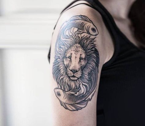 Tattoo photo - Lion and Fishs tattoo by Pavla Poppy Lion And Fish Tattoo, Pisces Leo Tattoo, Pisces And Leo Tattoo Combined, Leo And Pisces Tattoo, Lion Fish Tattoo, Lion Shoulder Tattoo, Marilyn Monroe Tattoo, Fantasic Beasts, Jaguar Tattoo