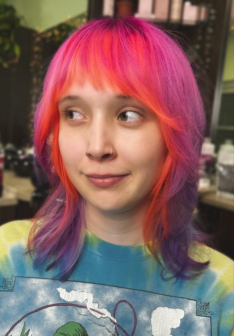 Orange And Magenta Hair, Pink Orange And Purple Hair, Orange To Pink Hair, Orange Money Piece, Purple And Orange Hair, Crazy Jane, Sunset Hair Color, Pink And Purple Hair, Pink And Orange Hair