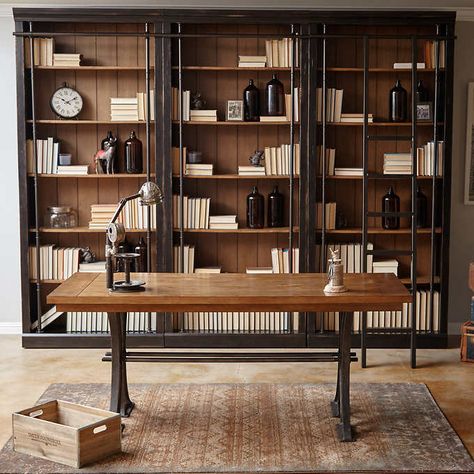 Tuscan 3-piece Bookcase Wall, Ladder and Writing Desk Brown Bookshelves, Brown Bookcase, Interior Kantor, Bookcase Wall, Wall Bookshelves, Office Set, French Doors Interior, Ladder Bookcase, Joanna Gaines